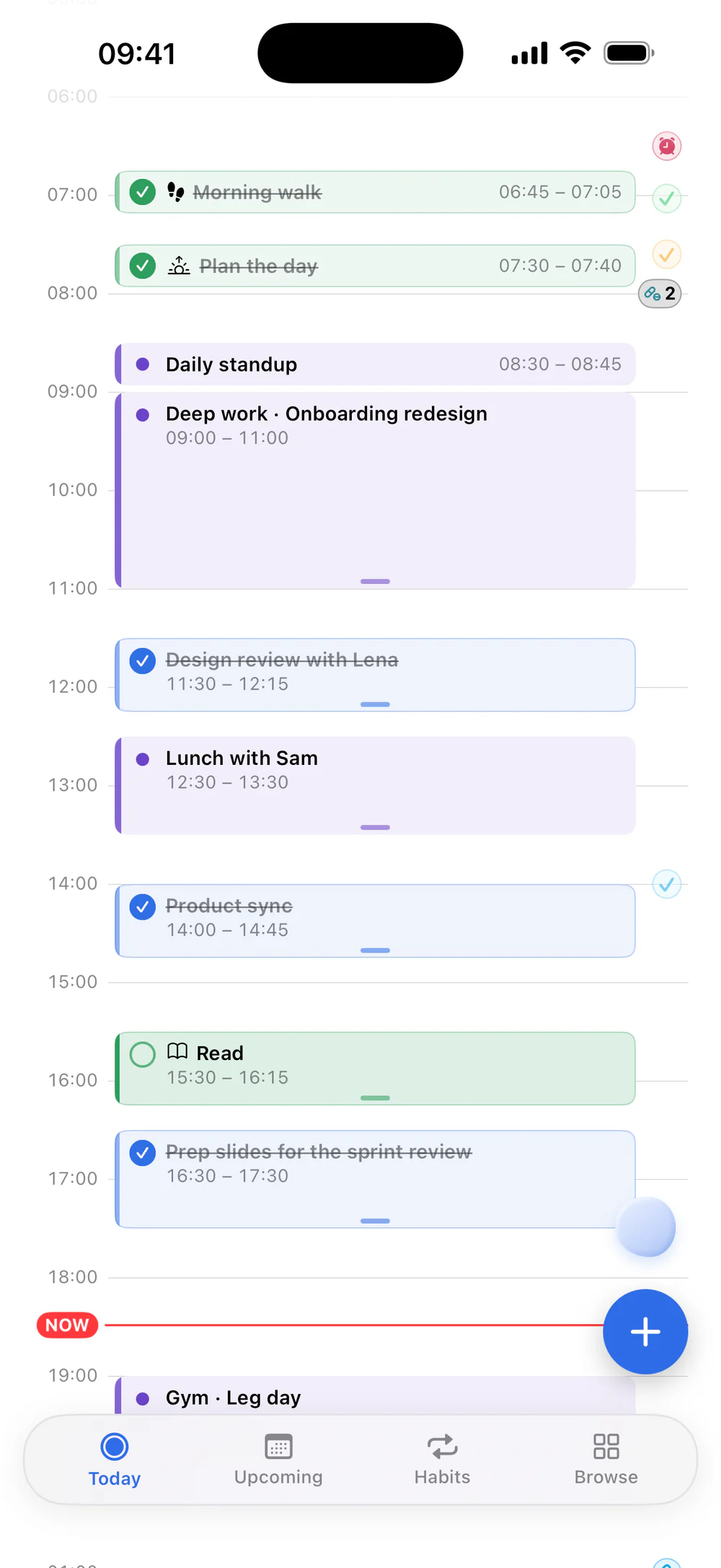 Creno on iPhone: the same day as a timeline, from a morning walk and a deep-work block to lunch with Sam, the sprint slides and the gym.