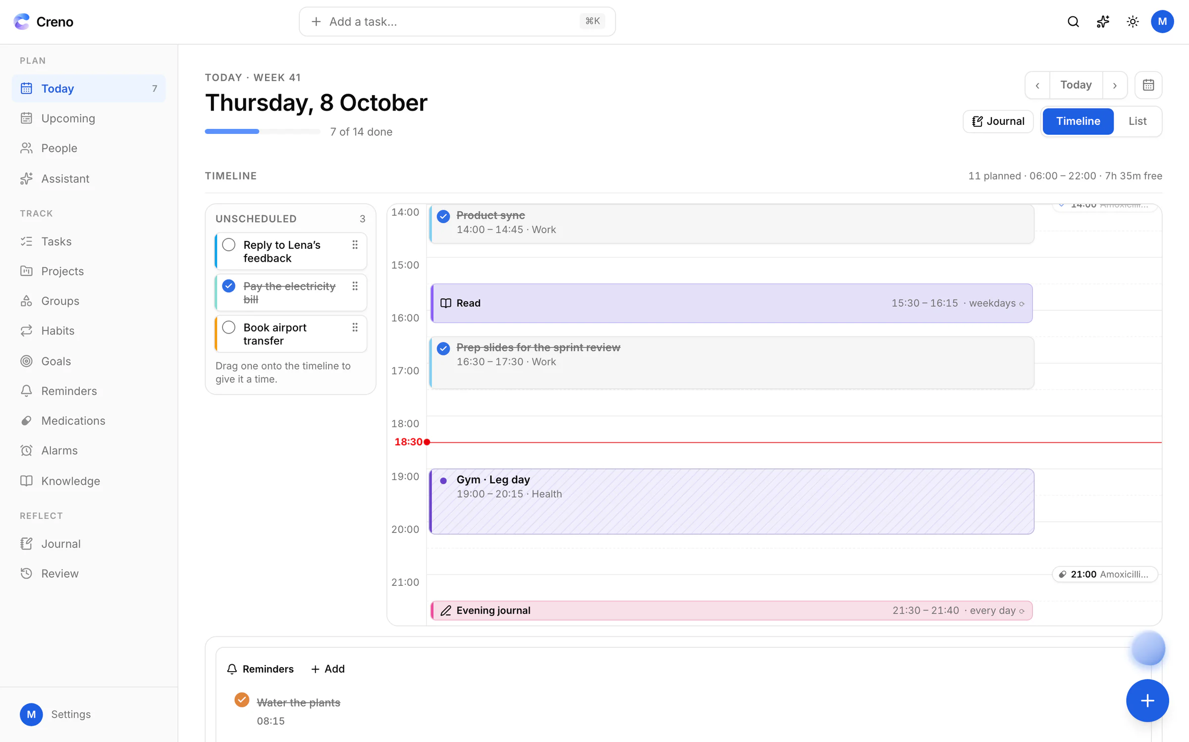Creno’s Today view on the web: one timeline for Thursday 8 October with a live “now” line, reading, slides to prepare for a sprint review, leg day at the gym and an evening journal, beside three tasks still to schedule.